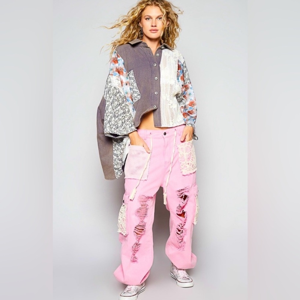 POL Floral Patchwork Lace Button-Up Oversized Shi… - image 16